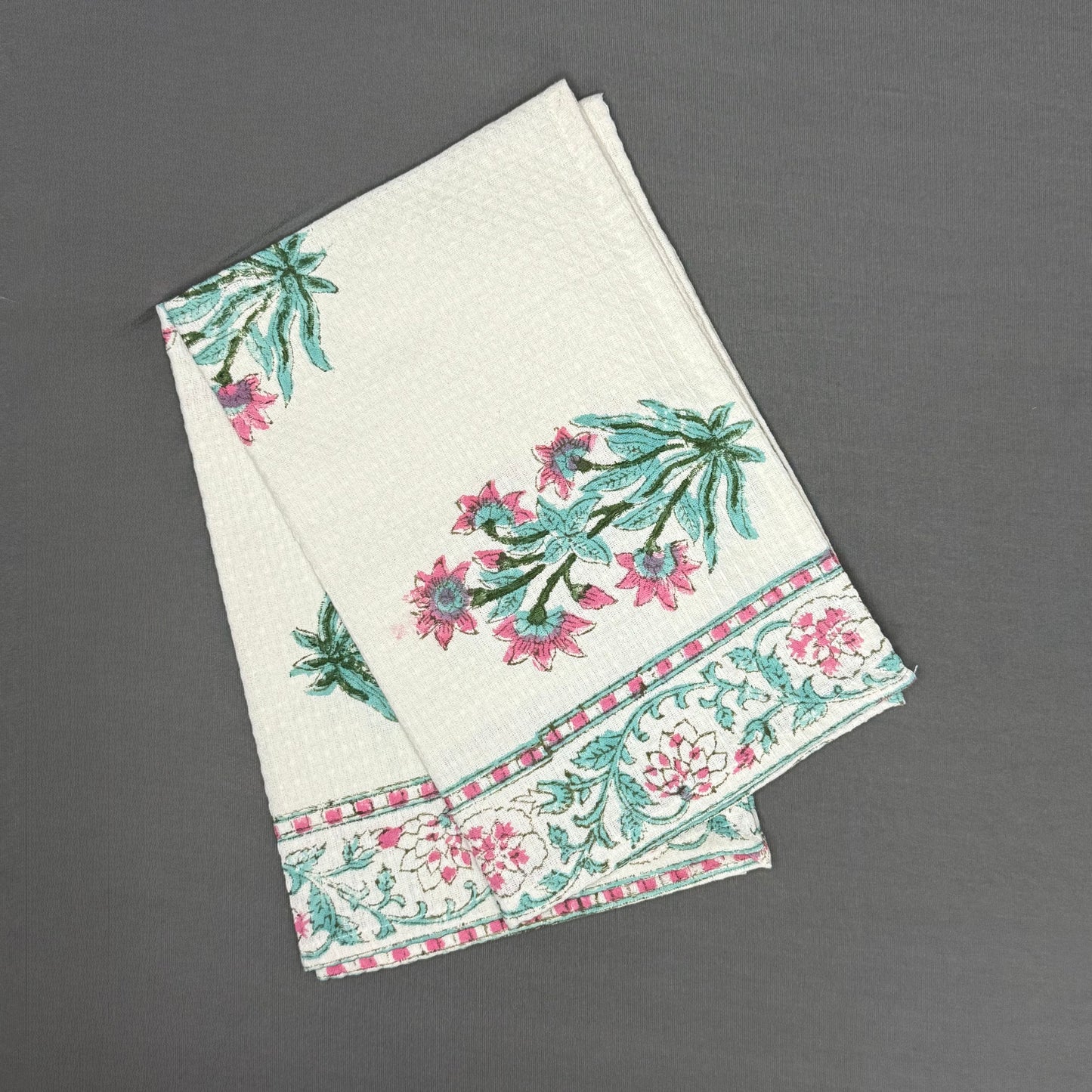 Lotus Garden Hand Block Towel Set – Pink & Teal Floral | Soft Cotton | Jaipur Van Phool Collection