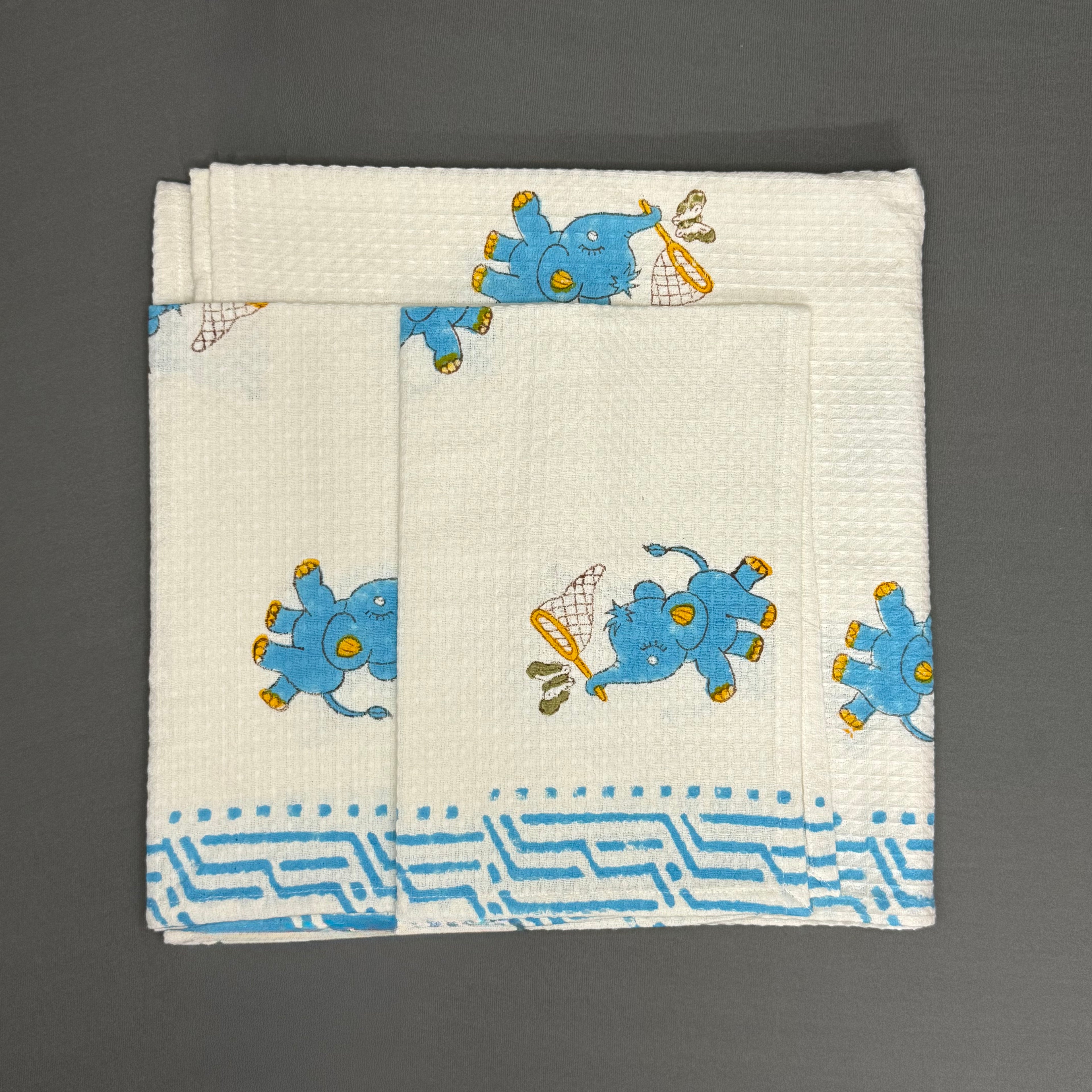 Butterfly Chase Elephant Towel Set – Blue & White Cotton | Jaipur Van Phool Collection 2025