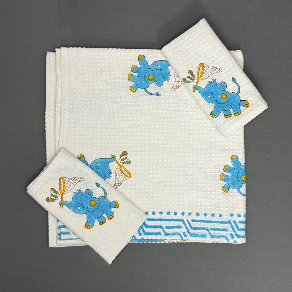 Butterfly Chase Elephant Towel Set – Blue & White Cotton | Jaipur Van Phool Collection 2025