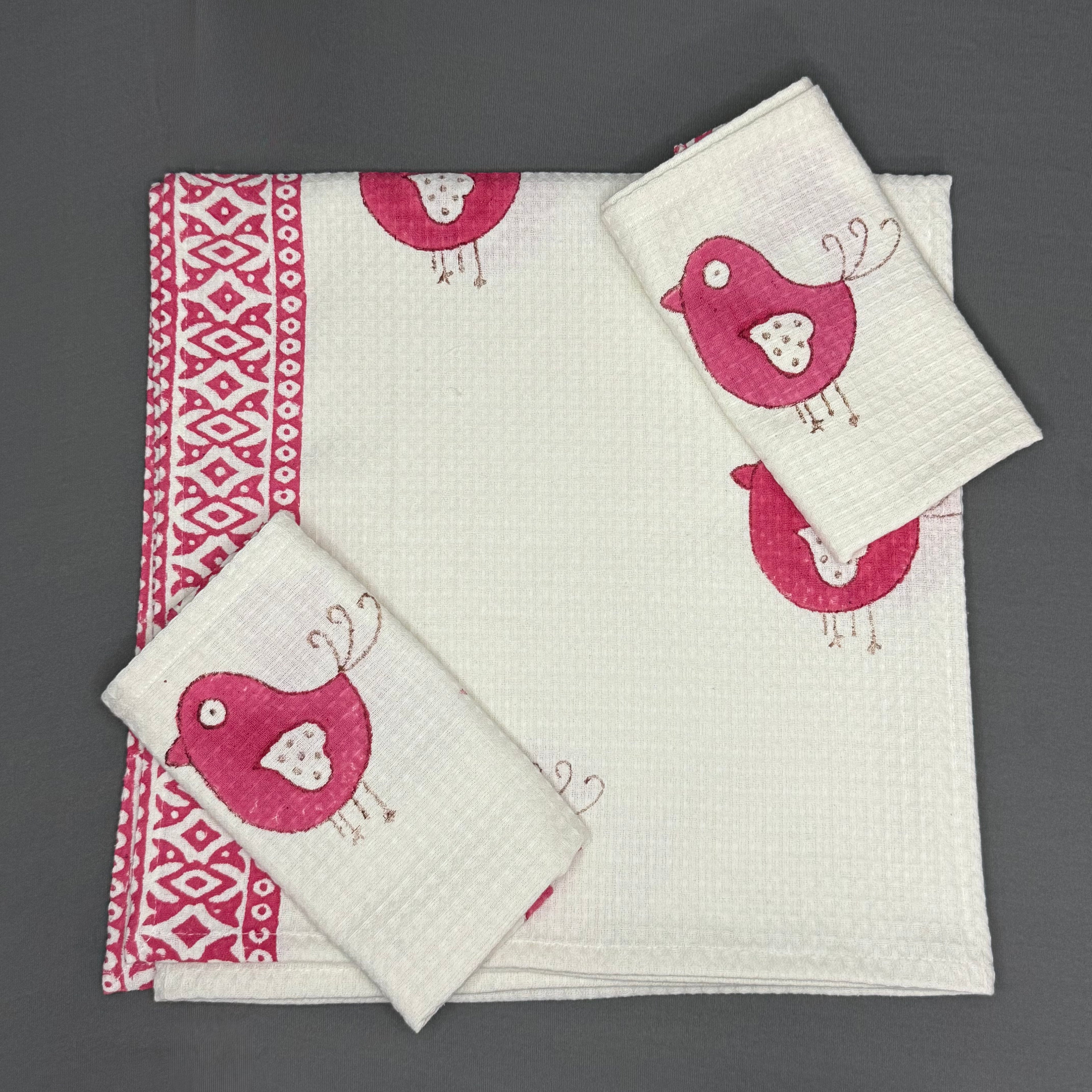Gulmor Chirp Towel Set – Hand Block Bird Print | Jaipur Van Phool Collection 2025