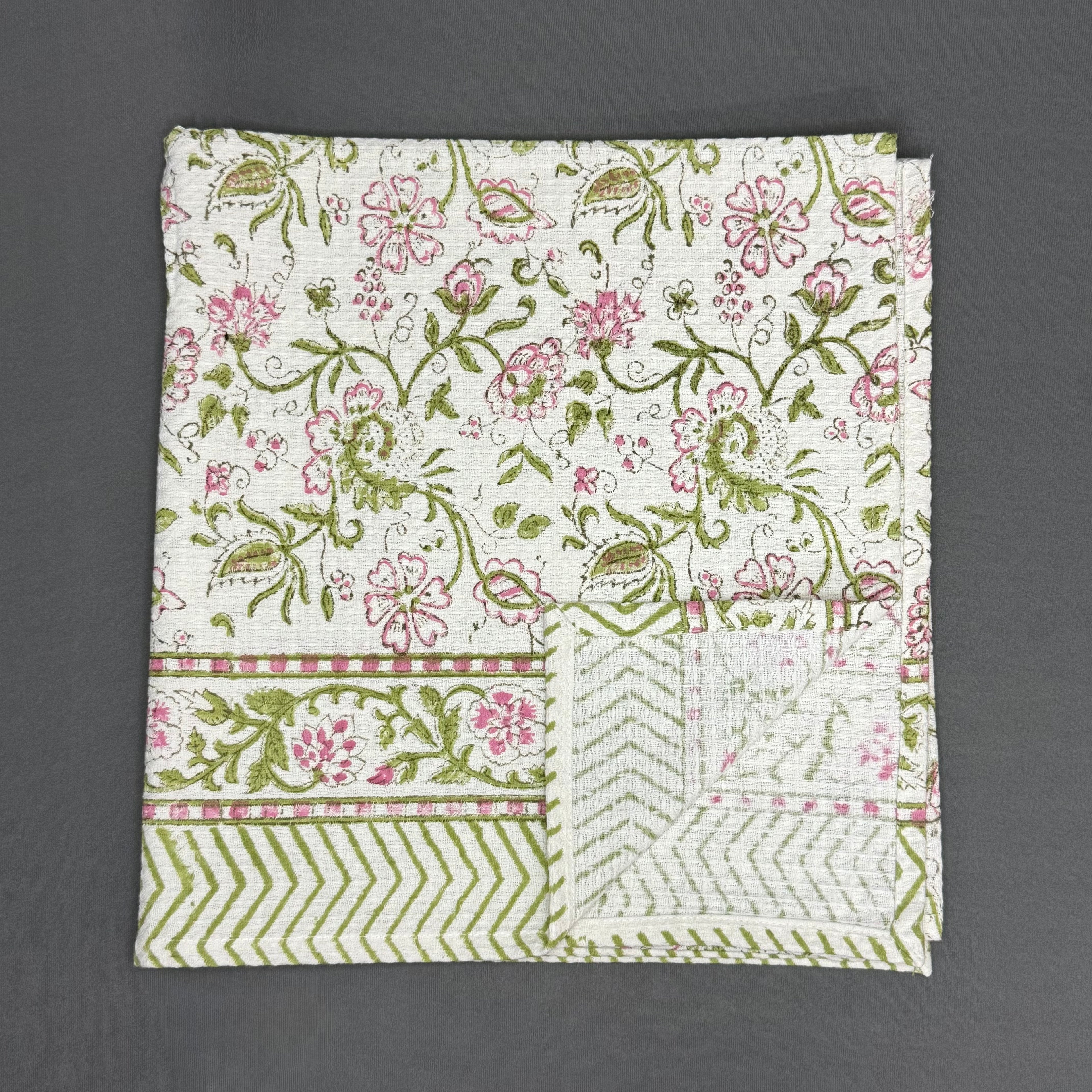 Bagh-e-Gul Towel Set – Pink & Olive Hand Block Floral | Jaipur Van Phool Collection 2025