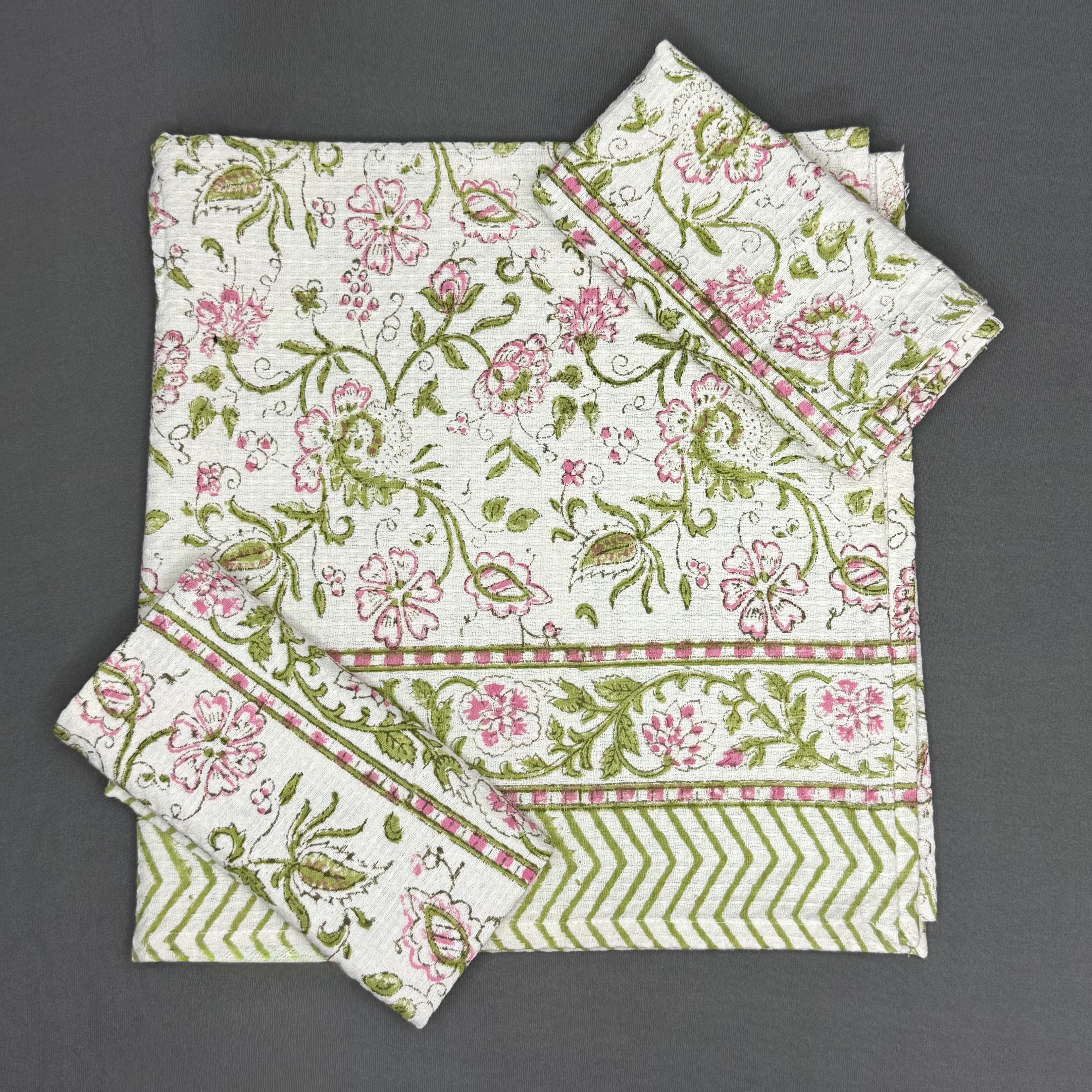 Bagh-e-Gul Towel Set – Pink & Olive Hand Block Floral | Jaipur Van Phool Collection 2025