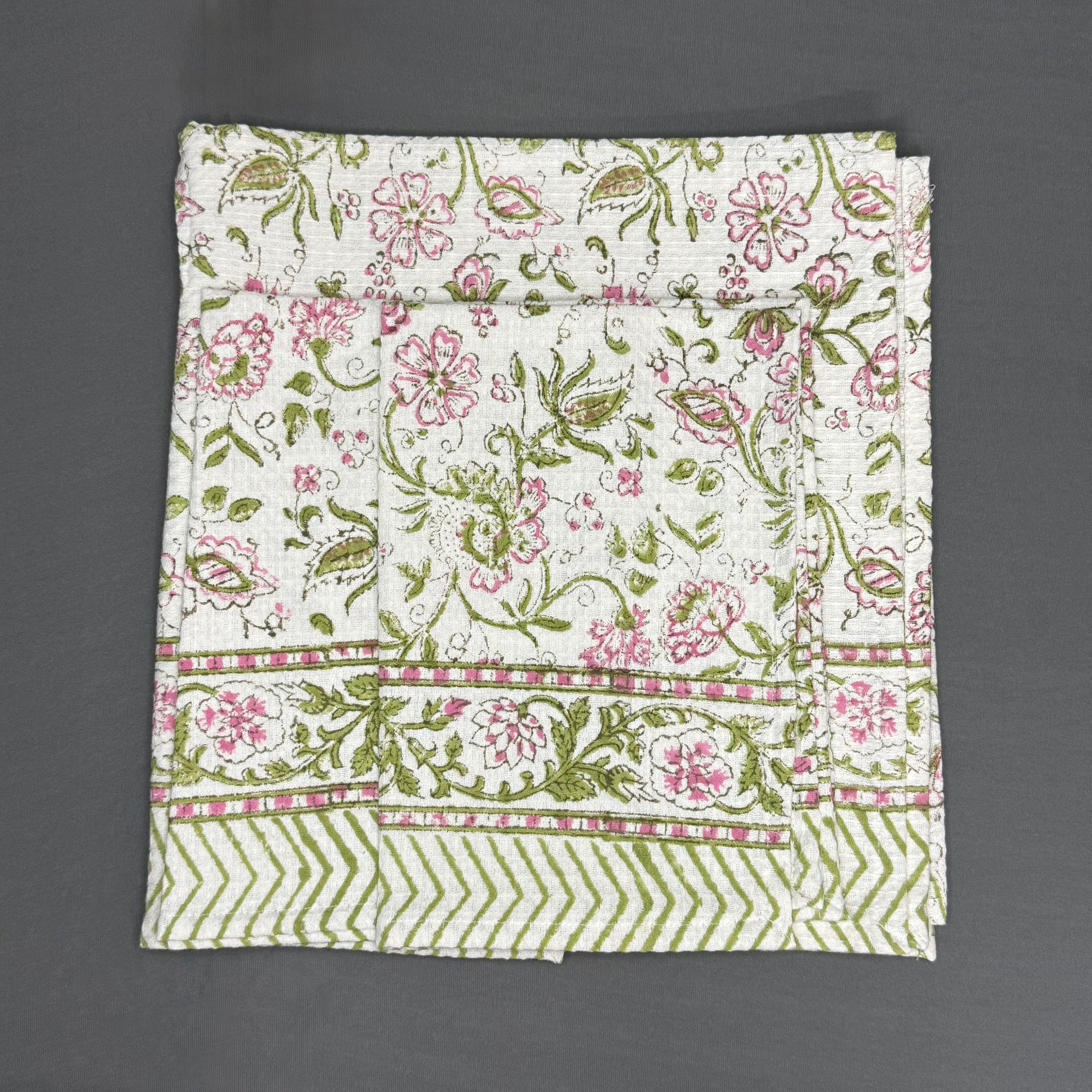 Bagh-e-Gul Towel Set – Pink & Olive Hand Block Floral | Jaipur Van Phool Collection 2025