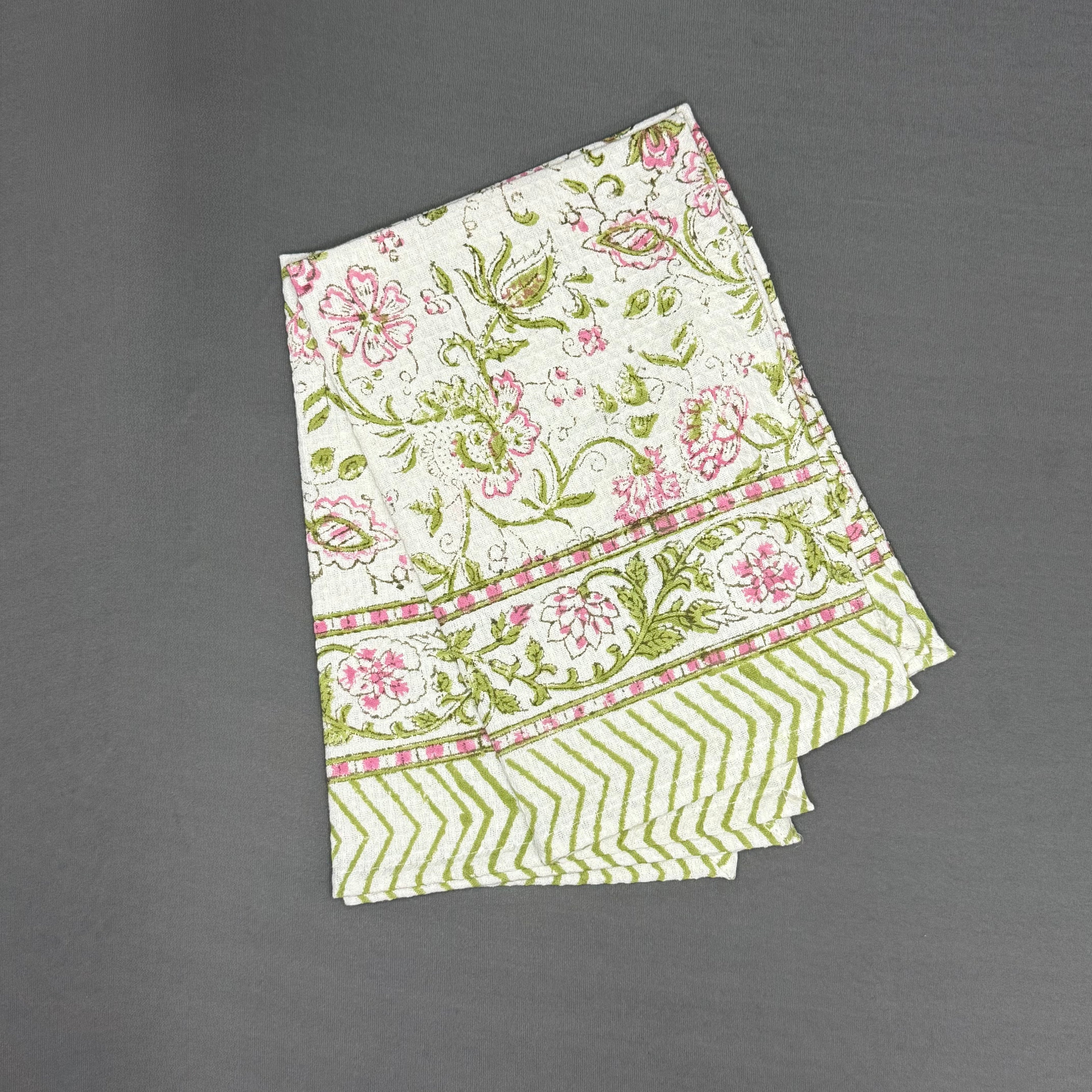 Bagh-e-Gul Towel Set – Pink & Olive Hand Block Floral | Jaipur Van Phool Collection 2025
