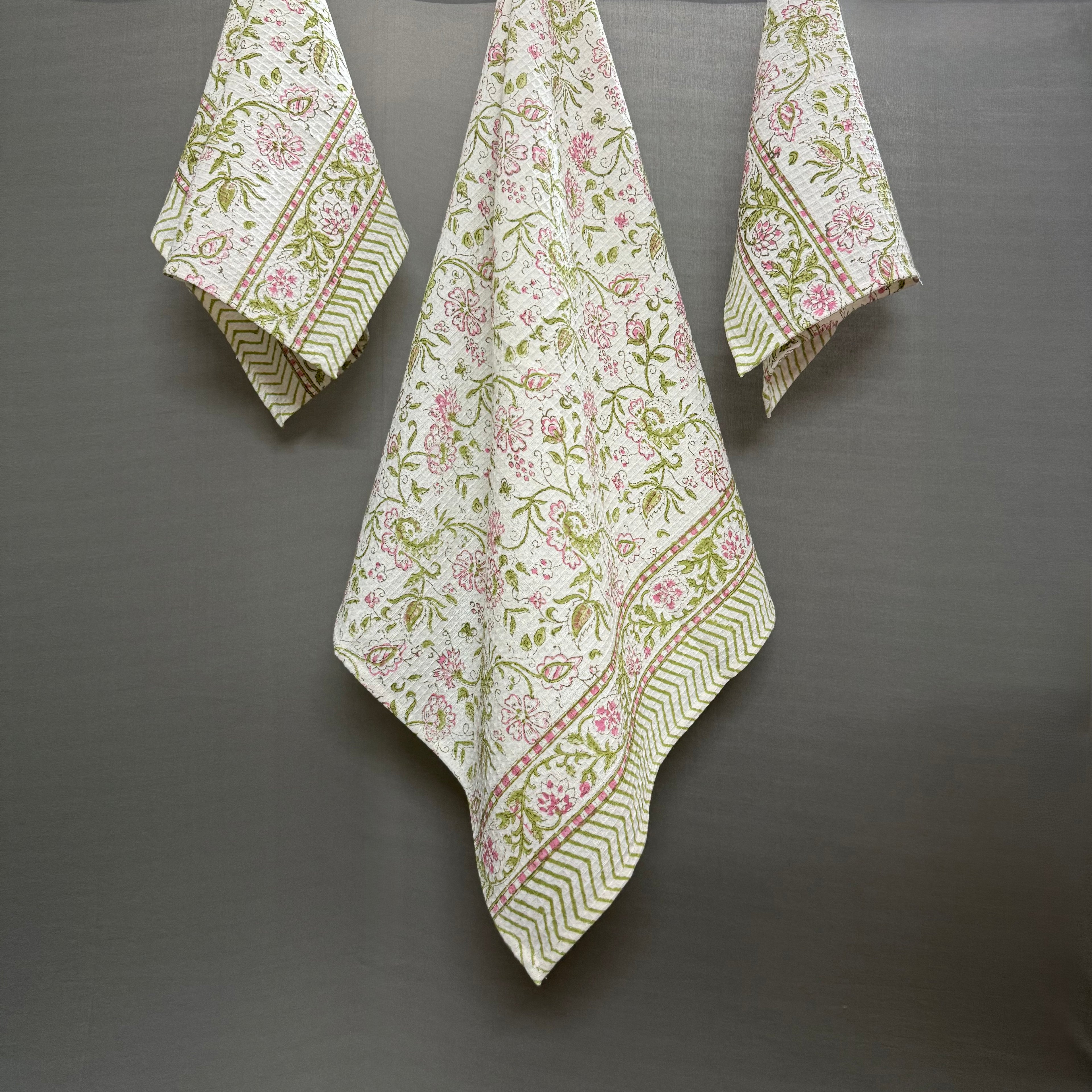 Bagh-e-Gul Towel Set – Pink & Olive Hand Block Floral | Jaipur Van Phool Collection 2025