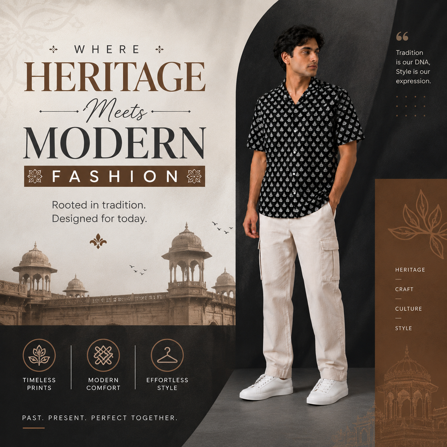 Hand Block Printed Black & White Leaf Cotton Shirt for Men| Handcrafted Casual and Vacation Wear Summer Shirt