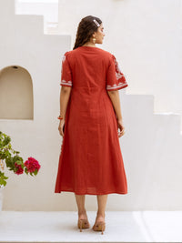 Brick Bloom Embroidered Cotton Midi Dress