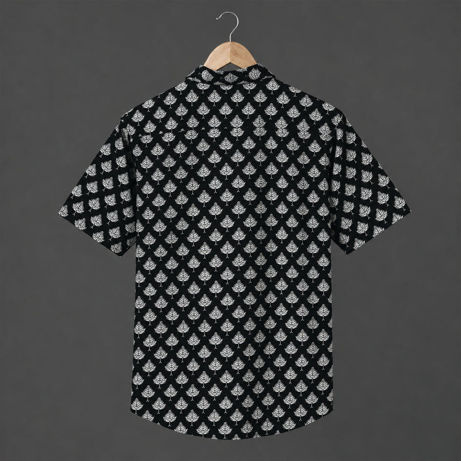 Hand Block Printed Black & White Leaf Cotton Shirt for Men| Handcrafted Casual and Vacation Wear Summer Shirt