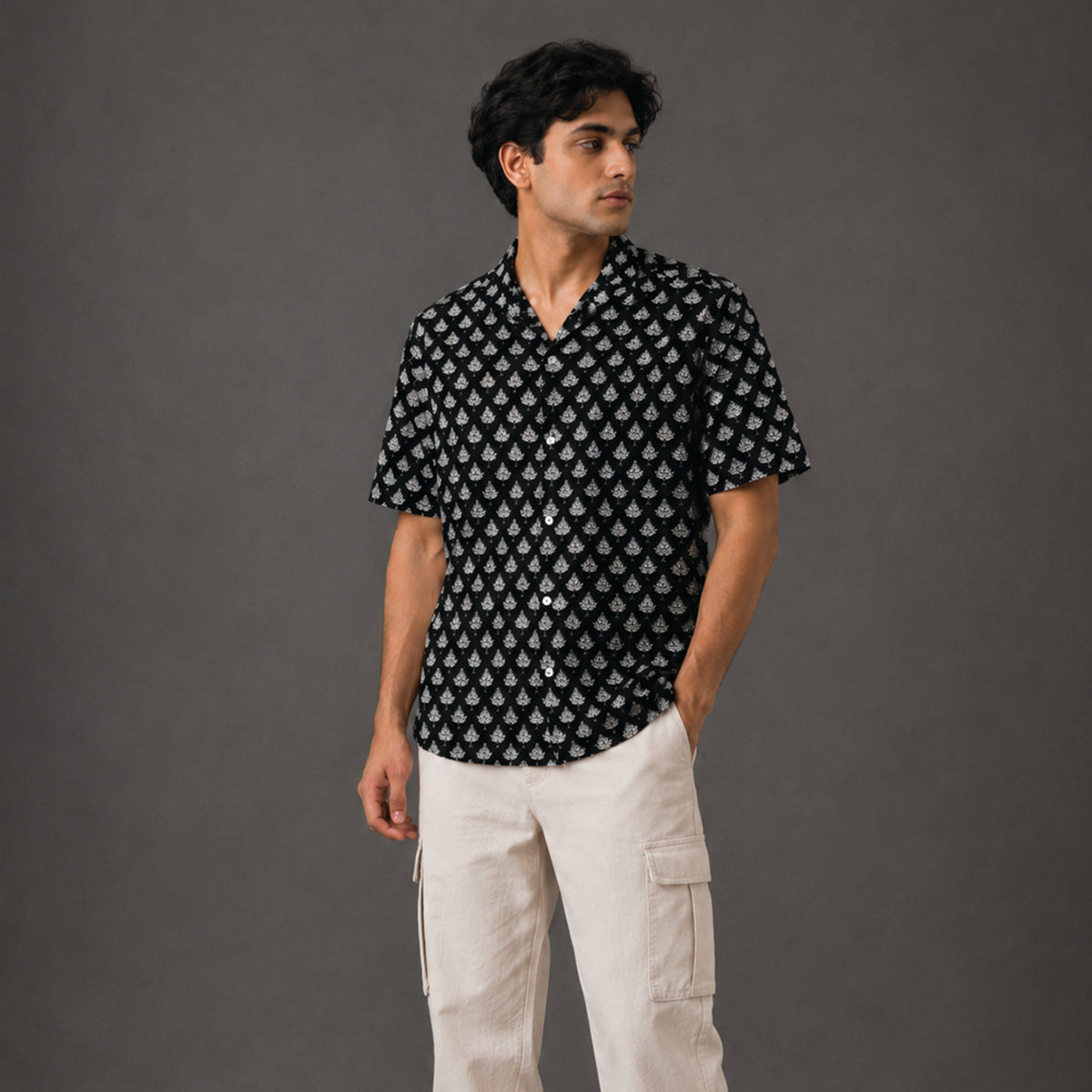 Hand Block Printed Black & White Leaf Cotton Shirt for Men| Handcrafted Casual and Vacation Wear Summer Shirt