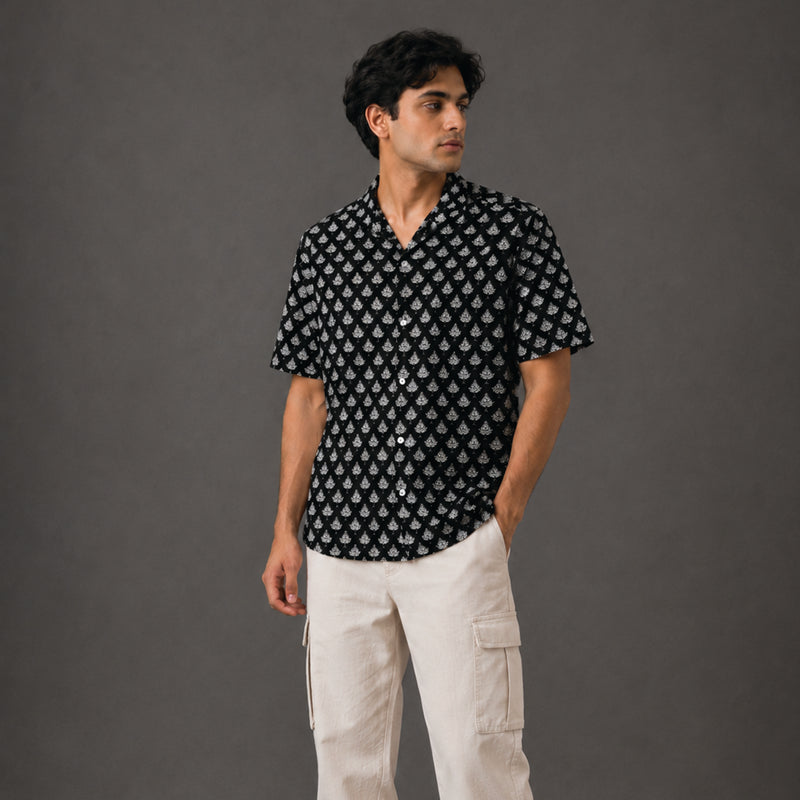 Hand Block Printed Black & White Leaf Cotton Shirt for Men| Handcrafted Casual and Vacation Wear Summer Shirt