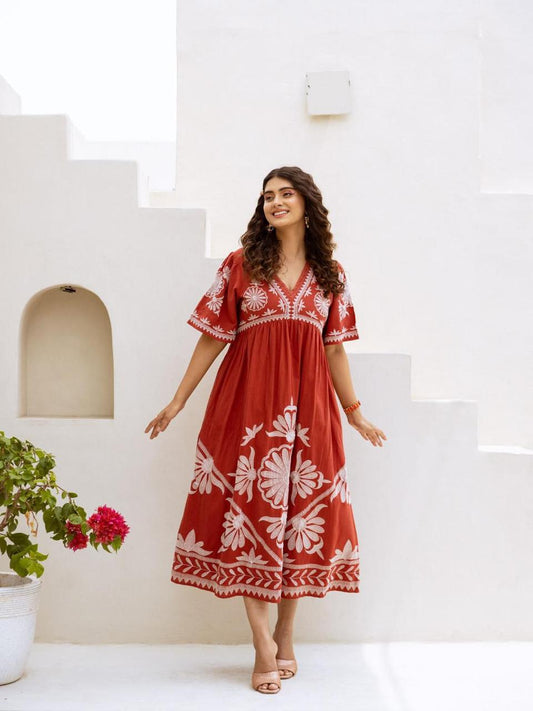 Brick Red Cotton Embroidered Midi Dress – Boho Floral V-Neck Flowy Summer Style Dress