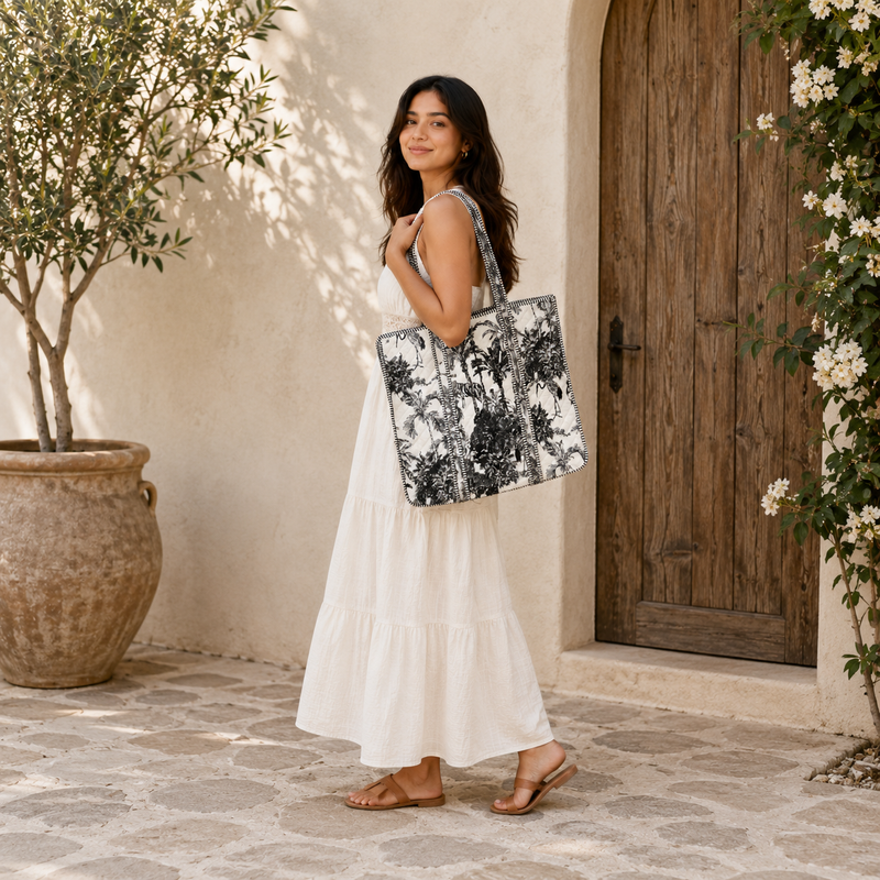 Hand Block Printed Black & White Jungle Print Quilted Cotton Tote Bag