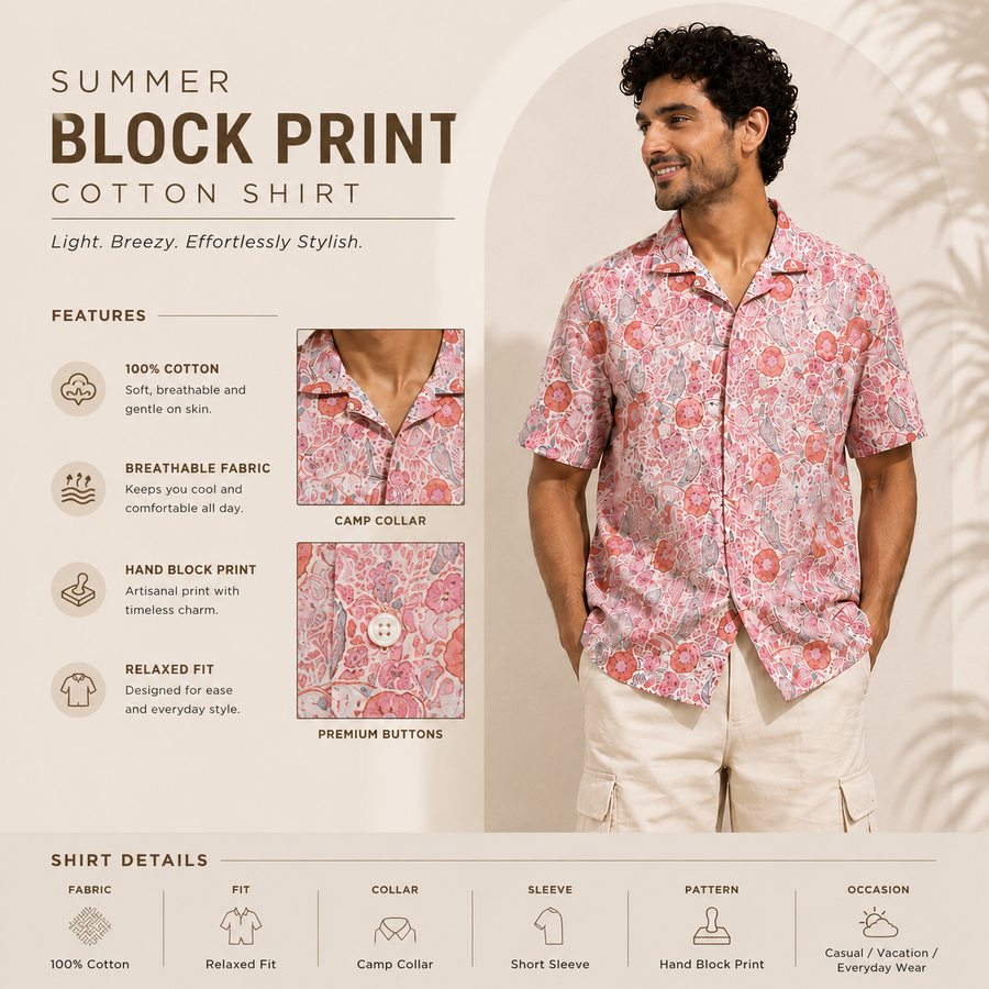 Hand Block Printed White Multi Floral Cotton Shirt for Men | Handcrafted Casual and Vacation Wear Summer Shirt