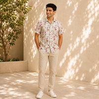 Hand Block Printed Cream & Pink Floral Cotton Shirt for Men | Handcrafted Casual and Vacation Wear Shirt