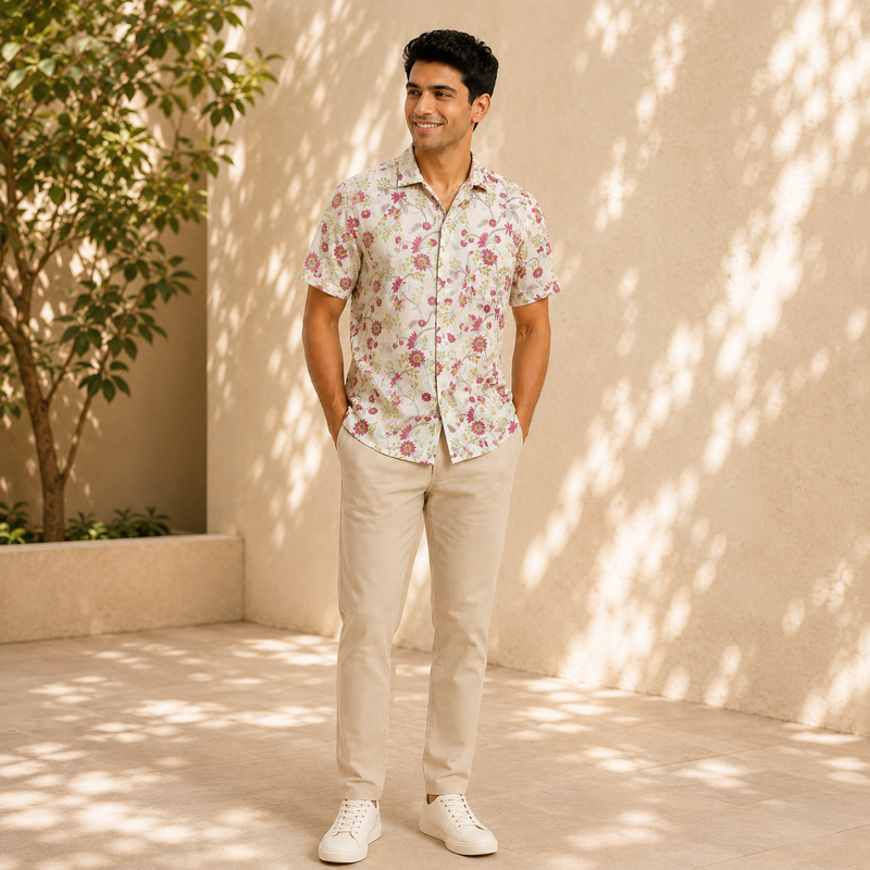 Hand Block Printed Cream & Pink Floral Cotton Shirt for Men | Handcrafted Casual and Vacation Wear Shirt