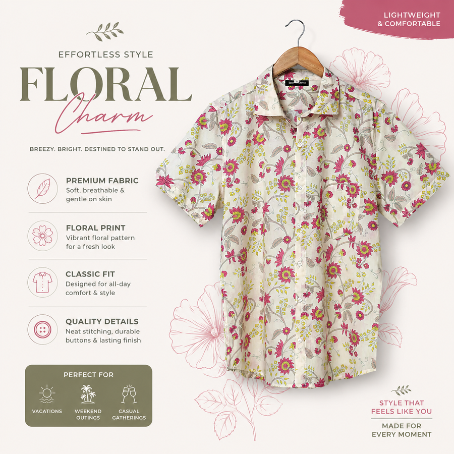 Hand Block Printed Cream & Pink Floral Cotton Shirt for Men | Handcrafted Casual and Vacation Wear Shirt