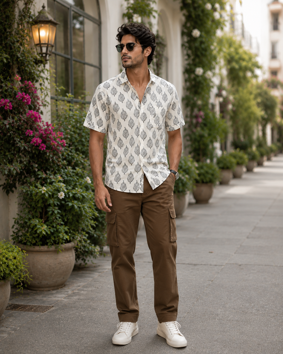 Classic White & Black Floral Hand Block Printed Cotton Shirt for Men | Handcrafted Casual and Vacation Wear Shirt