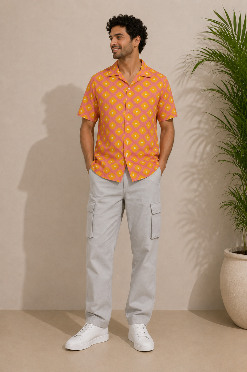Hand Block Printed Pink Bandhej Shirt for Men | Handcrafted Casual and Vacation Wear Summer Shirt