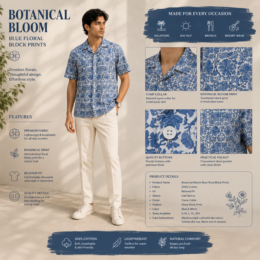 Jaipur Handcrafted Botanical Bloom Cotton Shirt for Men | White & Blue Floral Print Handcrafted Casual and Vacation WearSummer Shirt