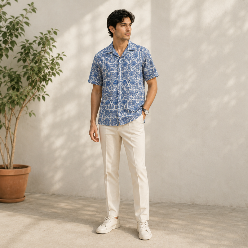 Hand Block Printed Blue & White Block Printed Cotton Shirt Cotton Block Print Shirt | Casual and Vacation Wear Shirt