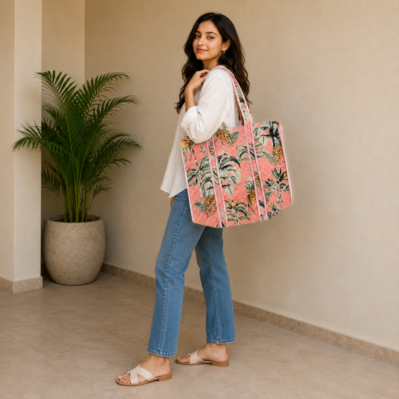 Hand Block Printed Pink Jungle Giraffe & Leopard Cotton Tote Bag | Reversible Quilted Tote  Bag
