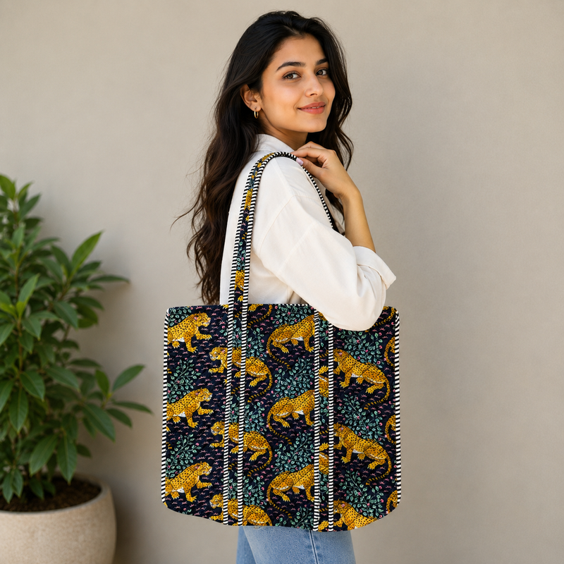 Handcrafted Purple Tiger Print Quilted Cotton Tote Bag | Hand Block Printed Women's Shoulder Bag